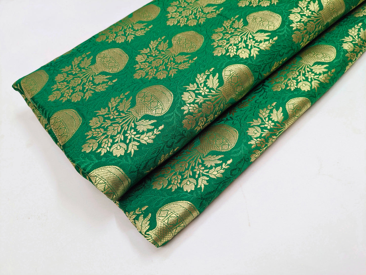 Banarasi brocade fabric, Green gold jacquard brocade fabric, Wedding inspiration, Rayon silk brocade, Historical fabric, Lace brocade - NFAF541