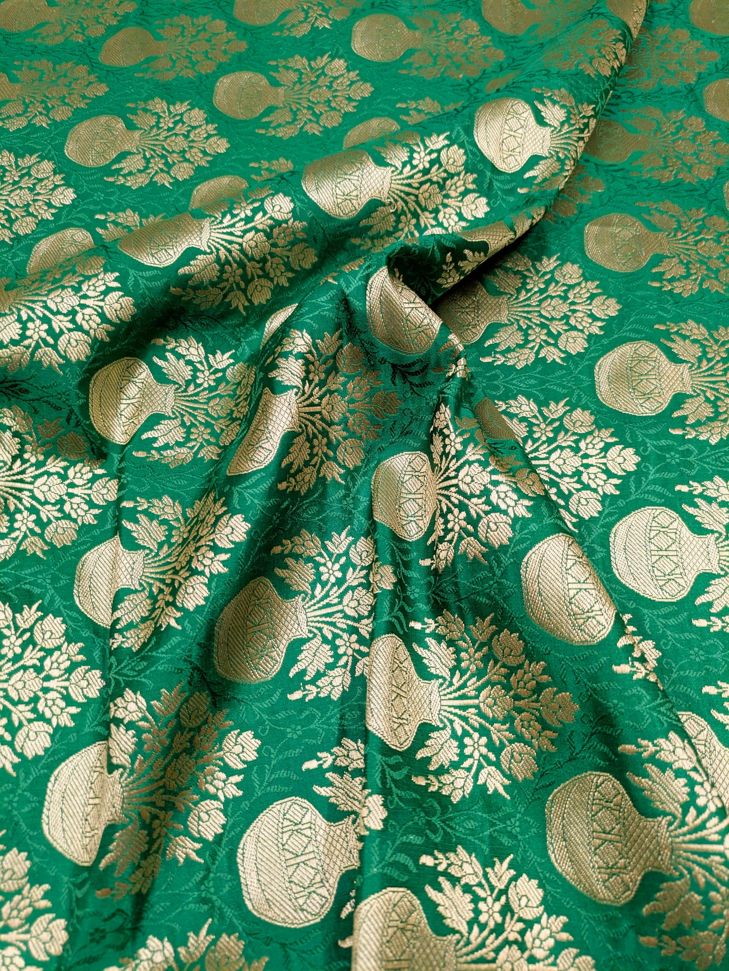 Banarasi brocade fabric, Green gold jacquard brocade fabric, Wedding inspiration, Rayon silk brocade, Historical fabric, Lace brocade - NFAF541