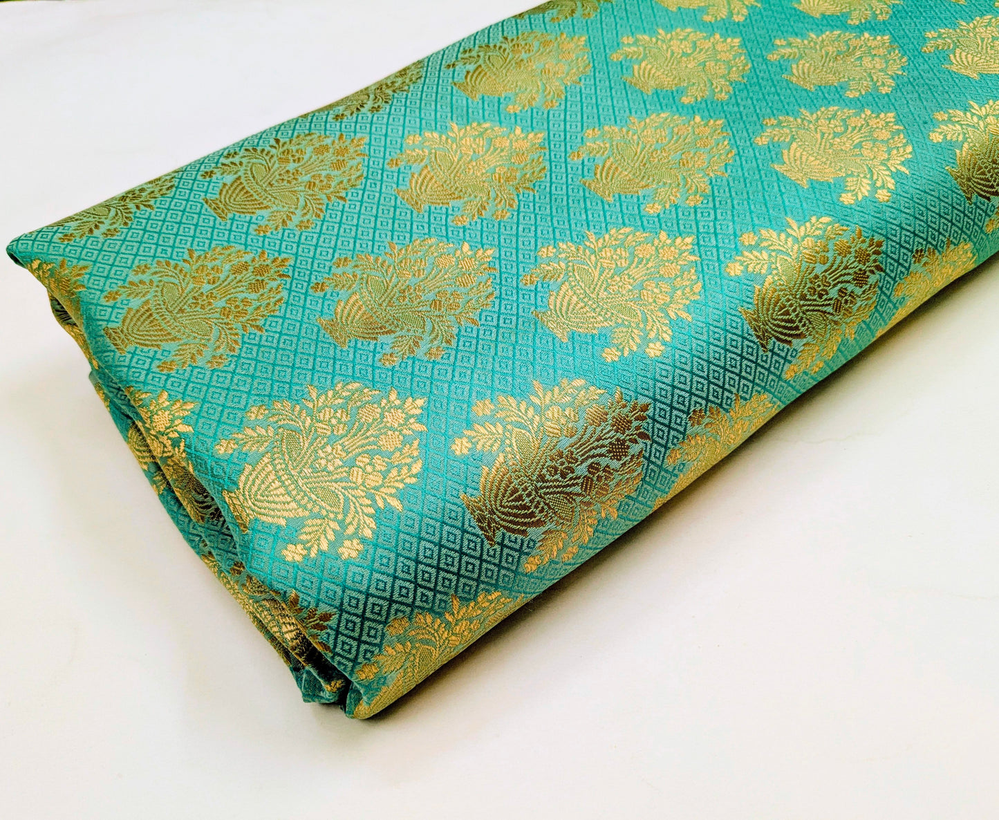 Indian Banarasi Brocade fabric, Green Gold Jacquard fabric, Flower brocade, Rayon silk brocade, Lace brocade, Party fabric, Fashion fabric - NFAF543