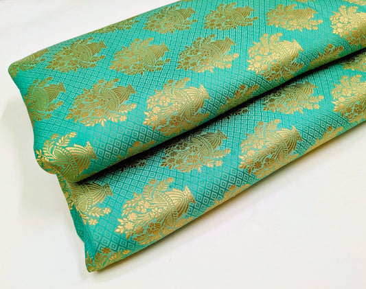 Indian Banarasi Brocade fabric, Green Gold Jacquard fabric, Flower brocade, Rayon silk brocade, Lace brocade, Party fabric, Fashion fabric - NFAF543
