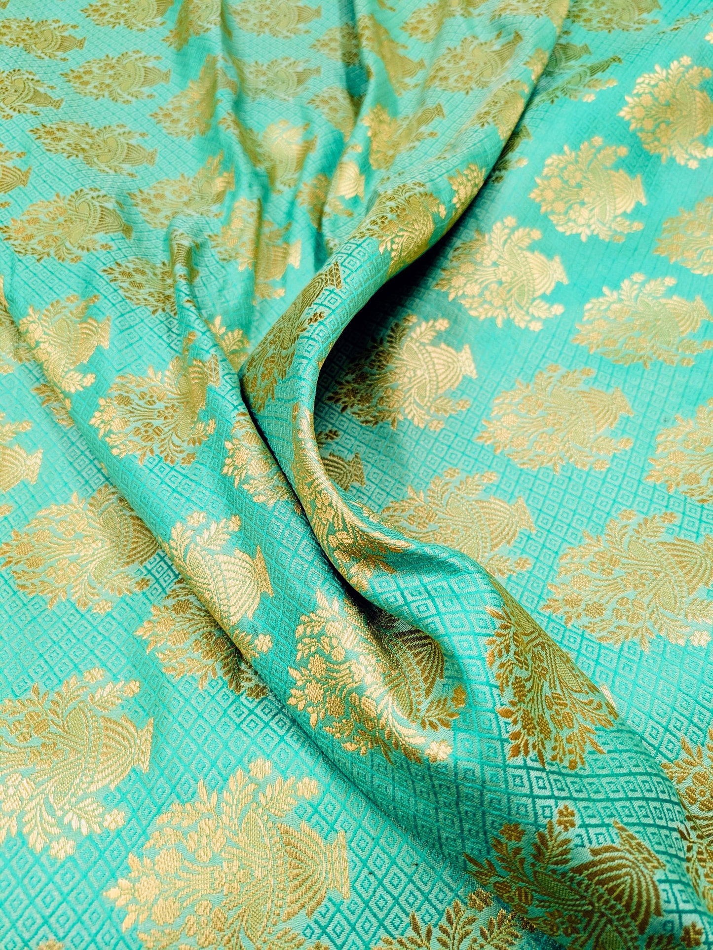 Indian Banarasi Brocade fabric, Green Gold Jacquard fabric, Flower brocade, Rayon silk brocade, Lace brocade, Party fabric, Fashion fabric - NFAF543