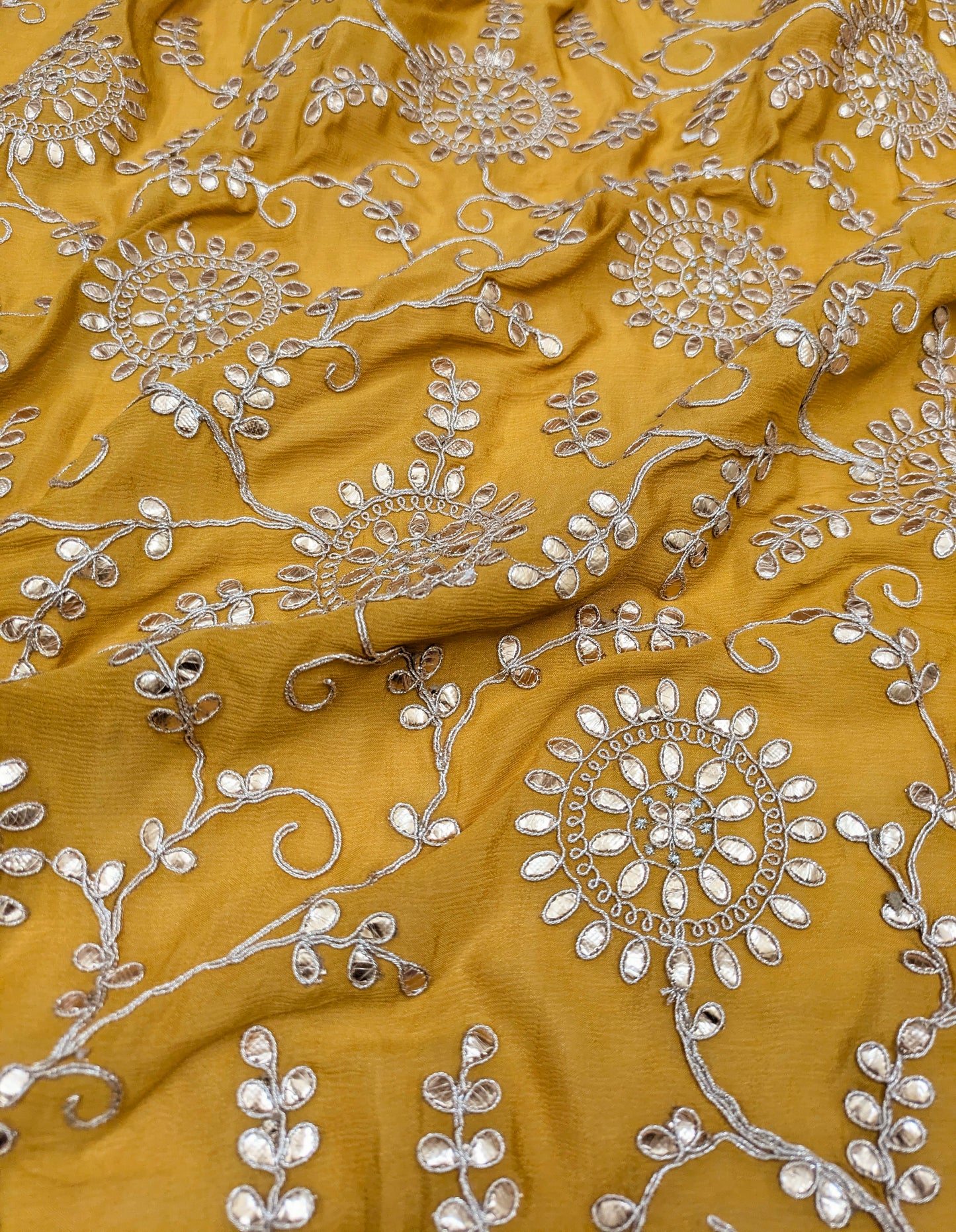 Embroidered fabric Mustard Gold Chinon Chiffon Gota Patti Embroidery Fabric Wedding Dress Fabric Drapery Saree Scarf fabric by the yard