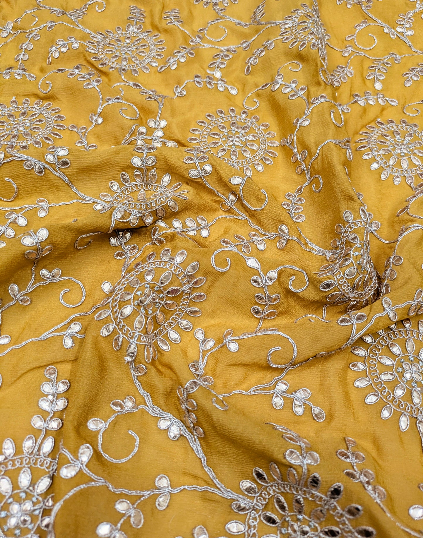 Embroidered fabric Mustard Gold Chinon Chiffon Gota Patti Embroidery Fabric Wedding Dress Fabric Drapery Saree Scarf fabric by the yard