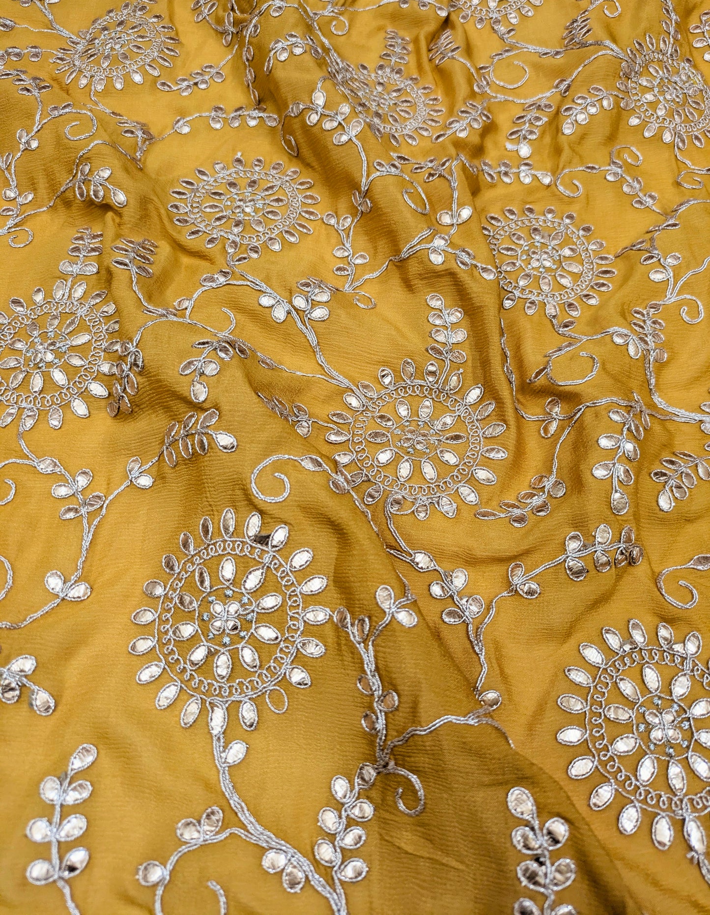 Embroidered fabric Mustard Gold Chinon Chiffon Gota Patti Embroidery Fabric Wedding Dress Fabric Drapery Saree Scarf fabric by the yard