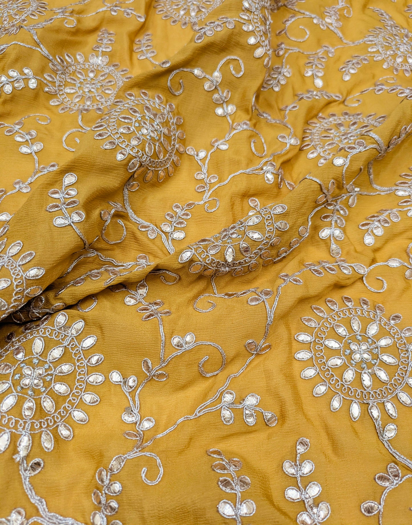Embroidered fabric Mustard Gold Chinon Chiffon Gota Patti Embroidery Fabric Wedding Dress Fabric Drapery Saree Scarf fabric by the yard