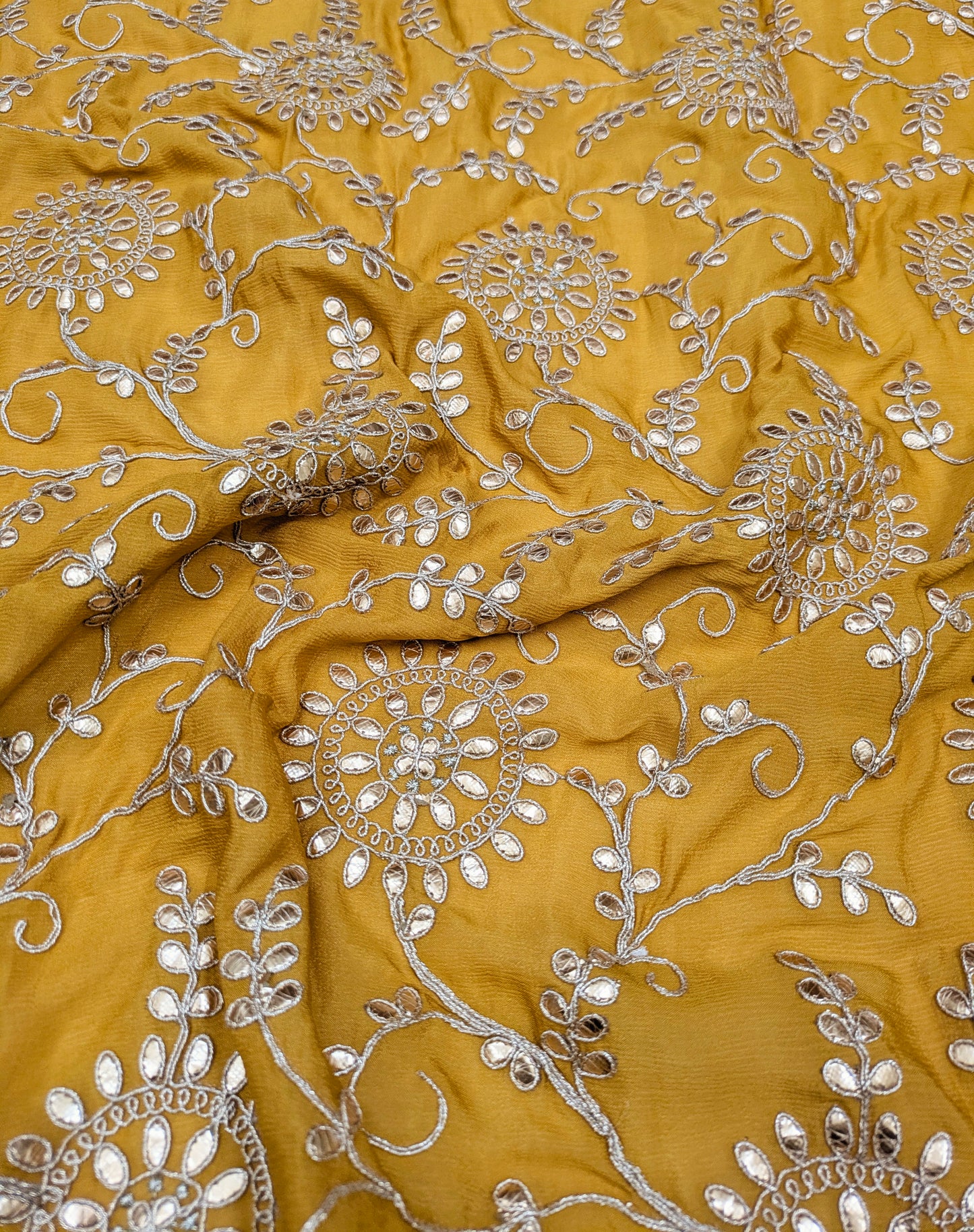 Embroidered fabric Mustard Gold Chinon Chiffon Gota Patti Embroidery Fabric Wedding Dress Fabric Drapery Saree Scarf fabric by the yard