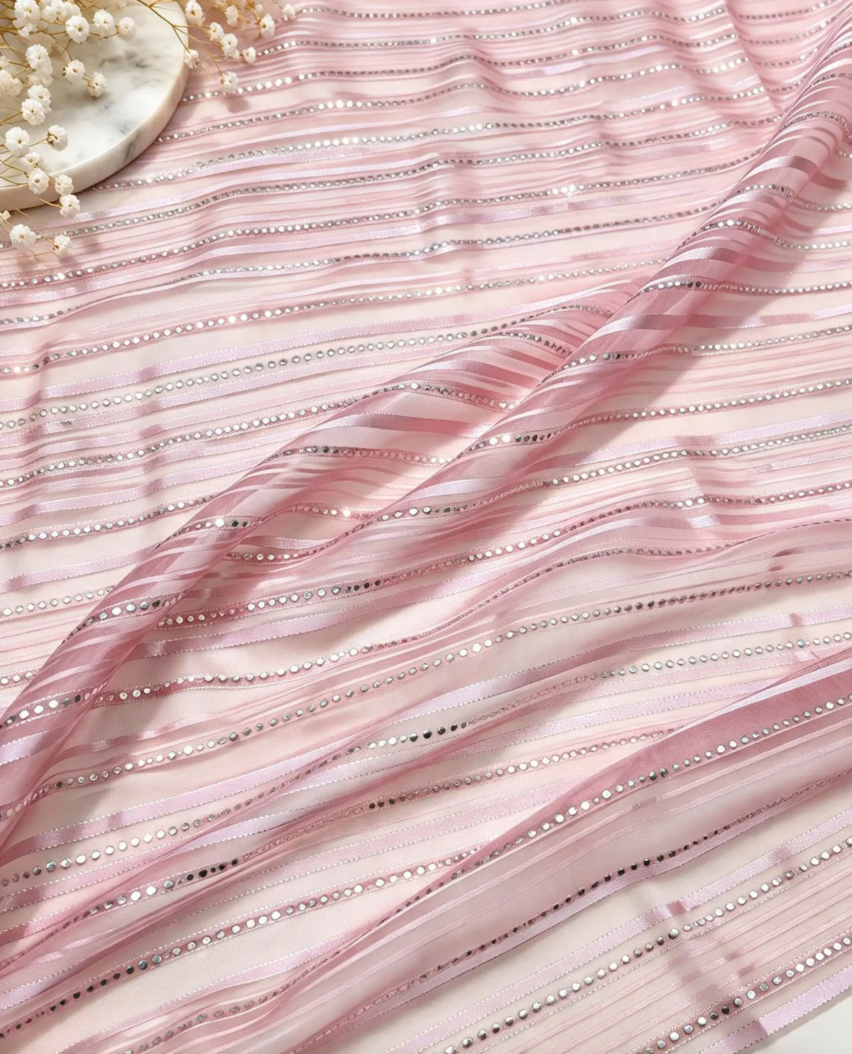 Embroidered fabric, Pink and silver organza fabric, Bridesmaid dress, Wedding dress, Fabric store, Indian fabric, Luxury fabric, Handmade - NFAF54B