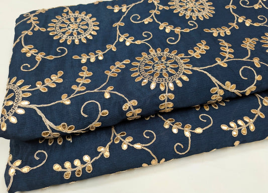 Embroidered fabric, Chinon Chiffon Fabric, Blue gold Gota patti fabric, Gold flower, Wedding dress, Luxury fabric, Embroidery art - NFAF54D