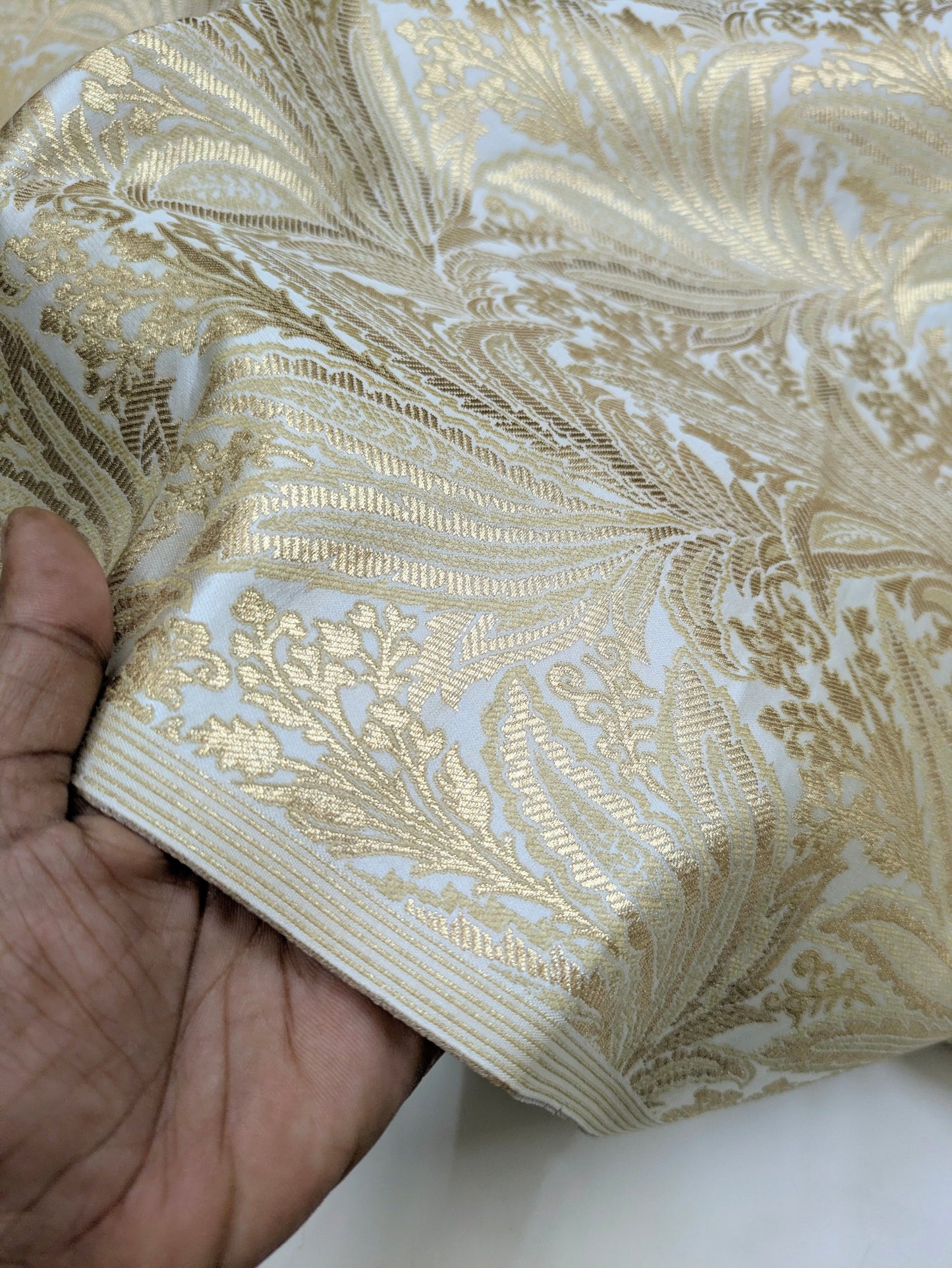 Indian Brocade fabric Jacquard damask fabric White Gold fabric Wedding bridal fabric Luxury dress fabric Upholstery fabric by the yard NFAF554