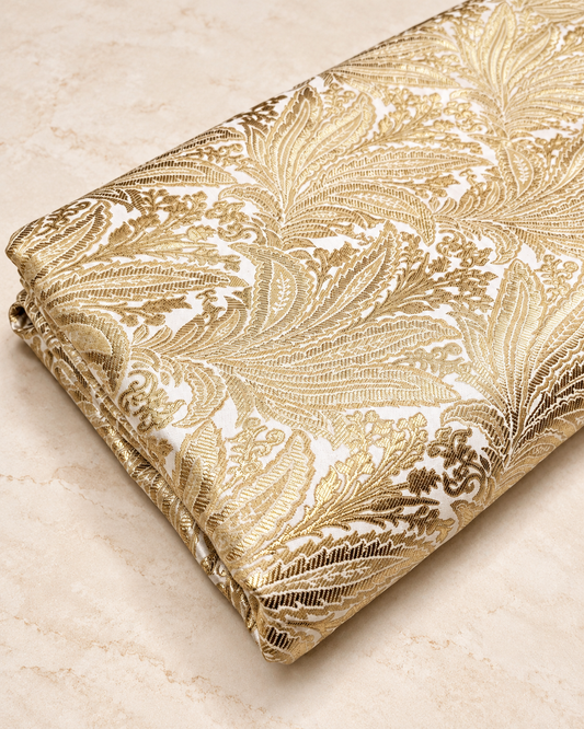 Indian Brocade fabric Jacquard damask fabric White Gold fabric Wedding bridal fabric Luxury dress fabric Upholstery fabric by the yard NFAF554