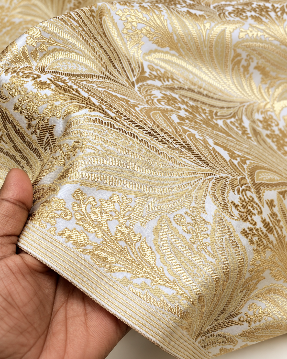 Indian Brocade fabric Jacquard damask fabric White Gold fabric Wedding bridal fabric Luxury dress fabric Upholstery fabric by the yard NFAF554