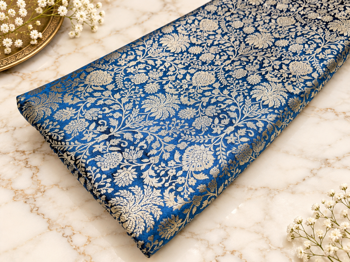 Indian Brocade fabric Jacquard damask fabric Turquoise blue Gold fabric Wedding bridal fabric Luxury dress fabric Upholstery fabric by the yard NFAF556