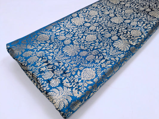 Indian Brocade fabric Jacquard damask fabric Turquoise blue Gold fabric Wedding bridal fabric Luxury dress fabric Upholstery fabric by the yard NFAF556