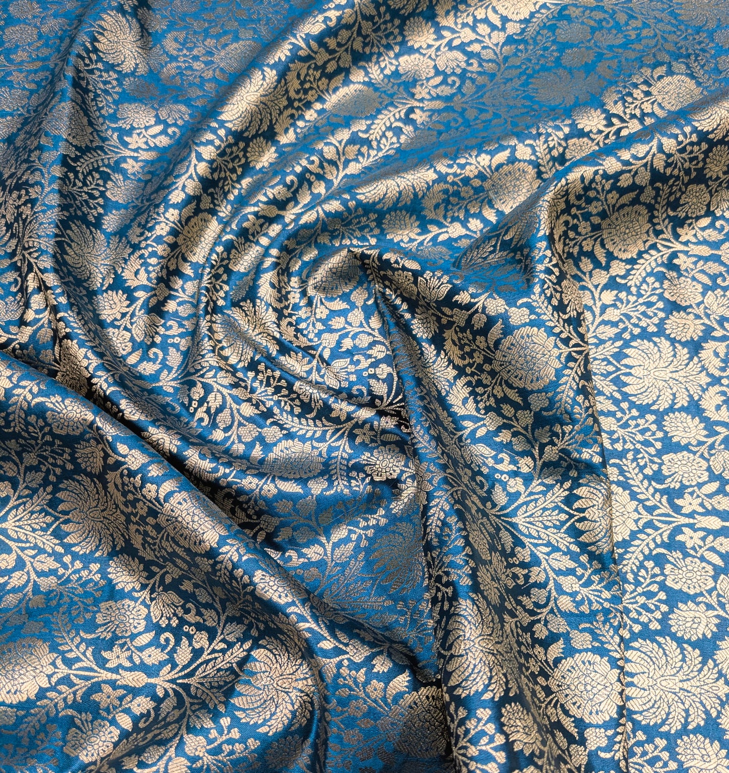 Indian Brocade fabric Jacquard damask fabric Turquoise blue Gold fabric Wedding bridal fabric Luxury dress fabric Upholstery fabric by the yard NFAF556