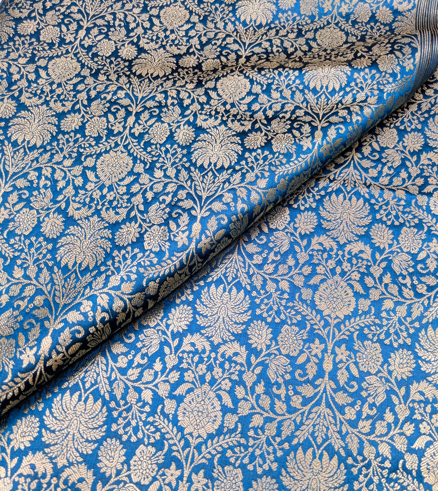 Indian Brocade fabric Jacquard damask fabric Turquoise blue Gold fabric Wedding bridal fabric Luxury dress fabric Upholstery fabric by the yard NFAF556