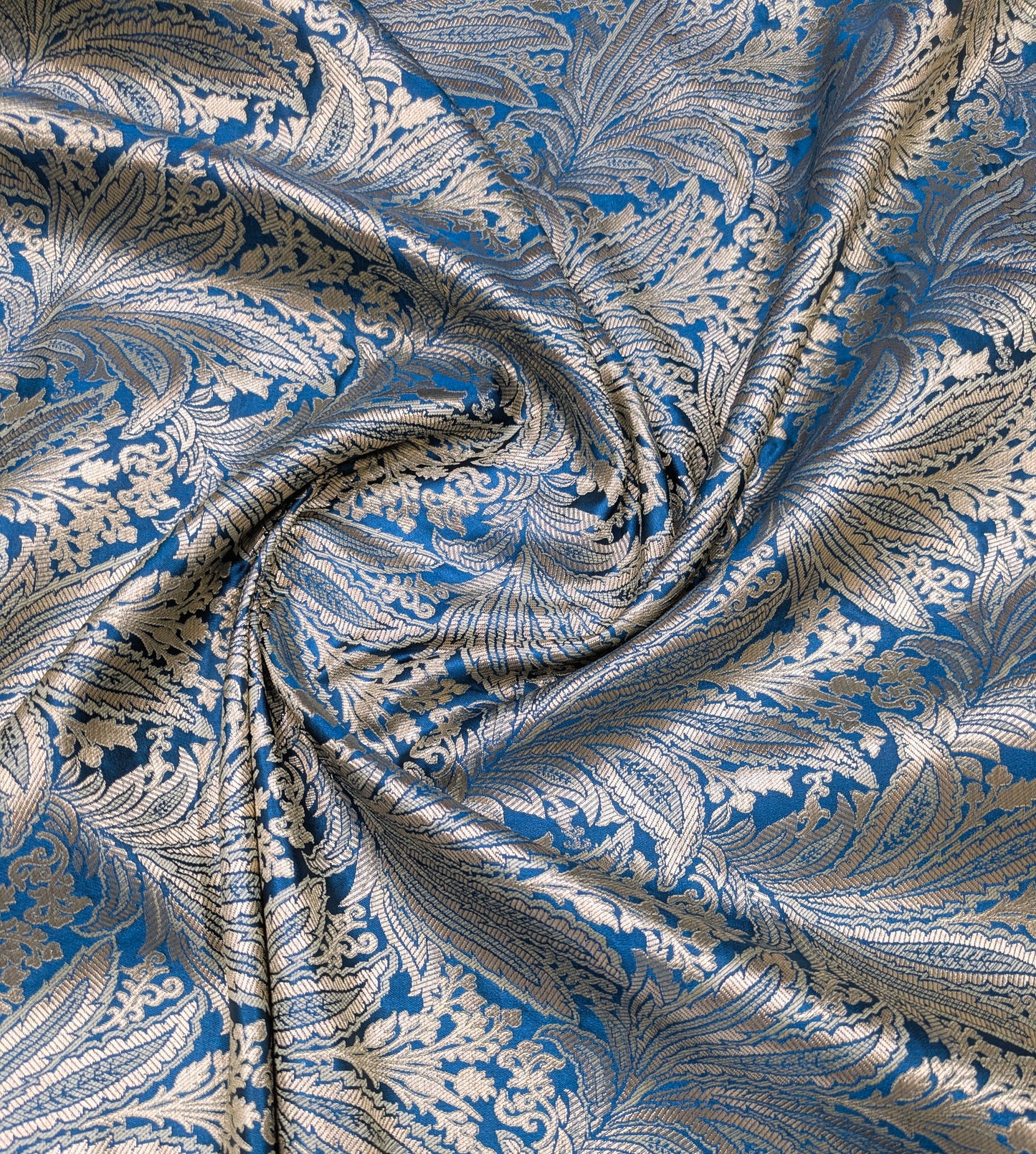 Indian Brocade fabric Jacquard damask fabric Turquoise blue Gold fabric Wedding bridal fabric Luxury dress fabric Upholstery fabric by the yard NFAF557
