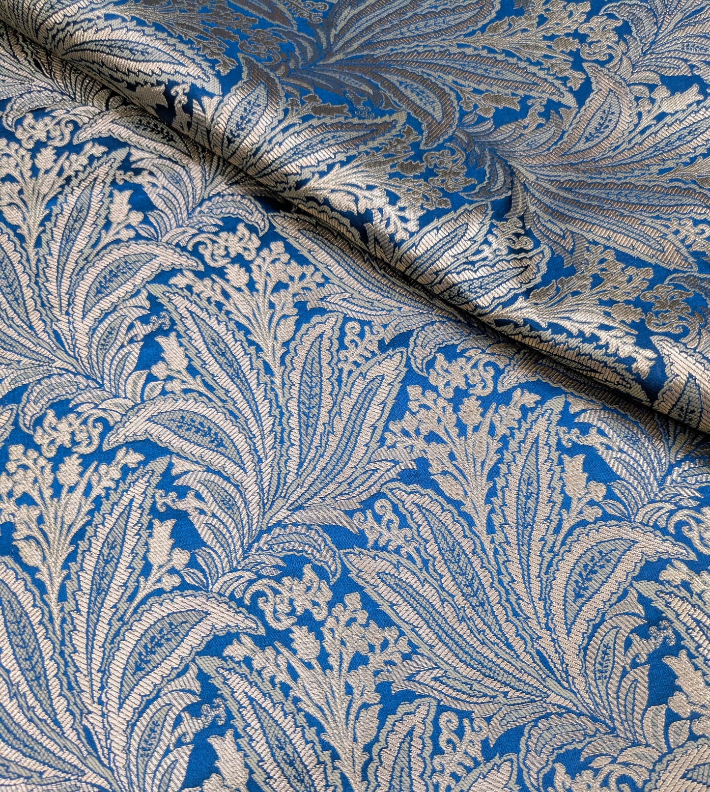 Indian Brocade fabric Jacquard damask fabric Turquoise blue Gold fabric Wedding bridal fabric Luxury dress fabric Upholstery fabric by the yard NFAF557