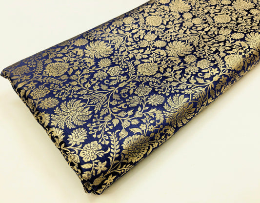 Indian Brocade fabric Jacquard damask fabric Navy Blue Gold fabric Wedding bridal fabric Luxury dress fabric Upholstery fabric by the yard NFAF560