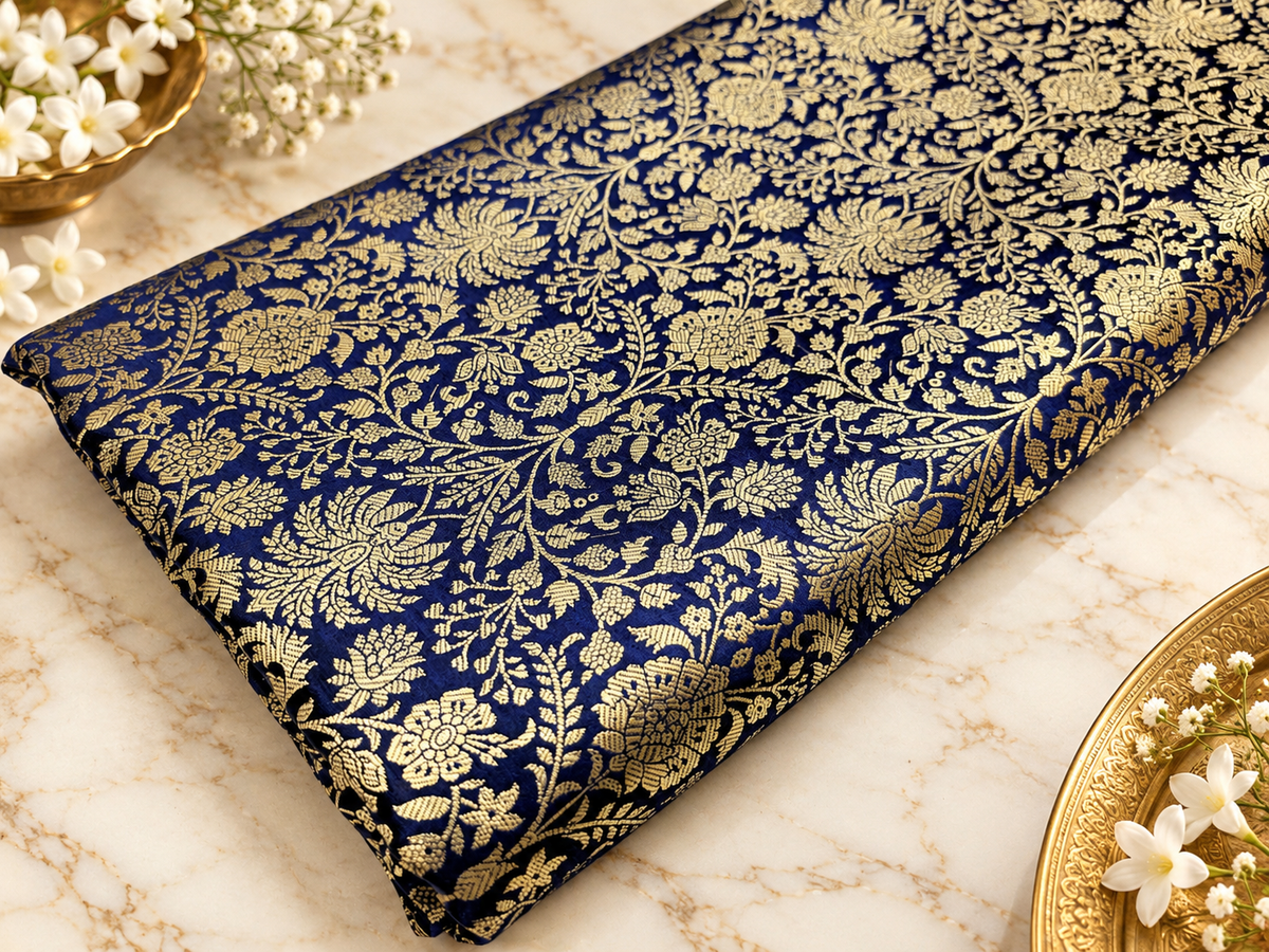 Indian Brocade fabric Jacquard damask fabric Navy Blue Gold fabric Wedding bridal fabric Luxury dress fabric Upholstery fabric by the yard NFAF560