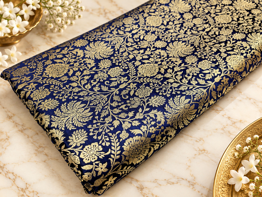 Indian Brocade fabric Jacquard damask fabric Navy Blue Gold fabric Wedding bridal fabric Luxury dress fabric Upholstery fabric by the yard NFAF560