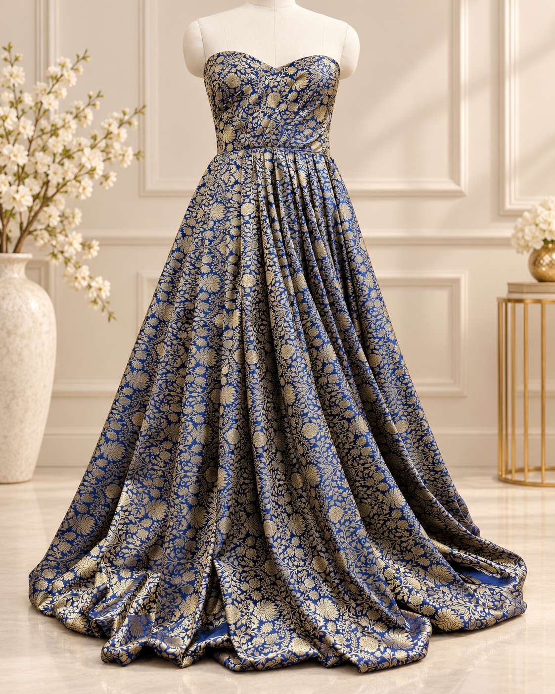 Indian Brocade fabric Jacquard damask fabric Navy Blue Gold fabric Wedding bridal fabric Luxury dress fabric Upholstery fabric by the yard NFAF560