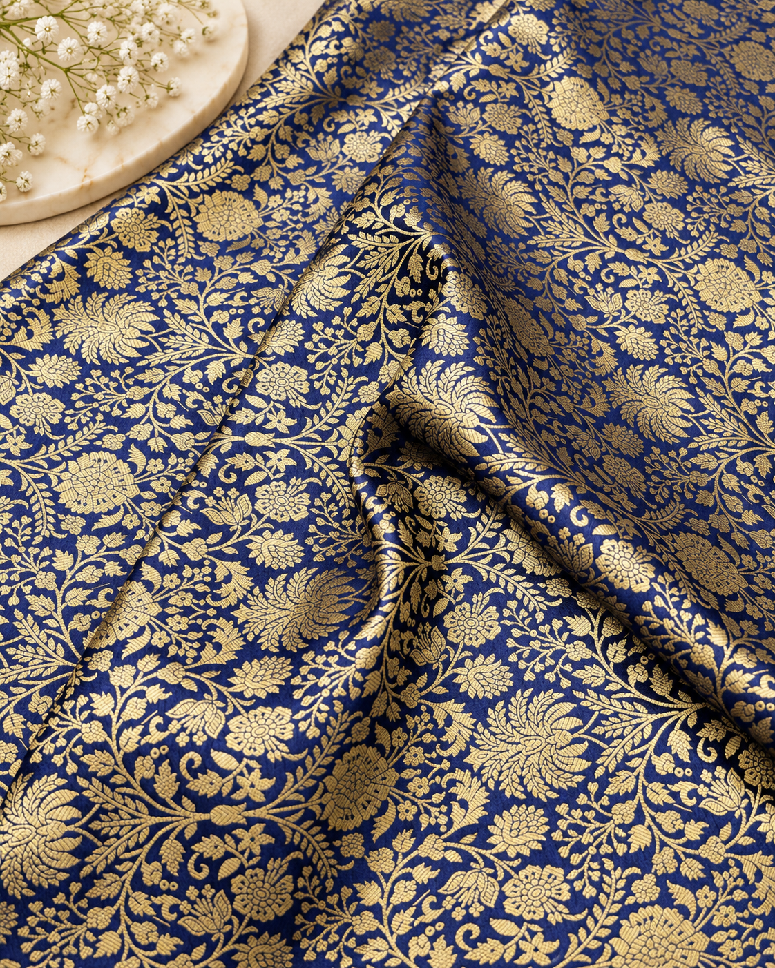 Indian Brocade fabric Jacquard damask fabric Navy Blue Gold fabric Wedding bridal fabric Luxury dress fabric Upholstery fabric by the yard NFAF560