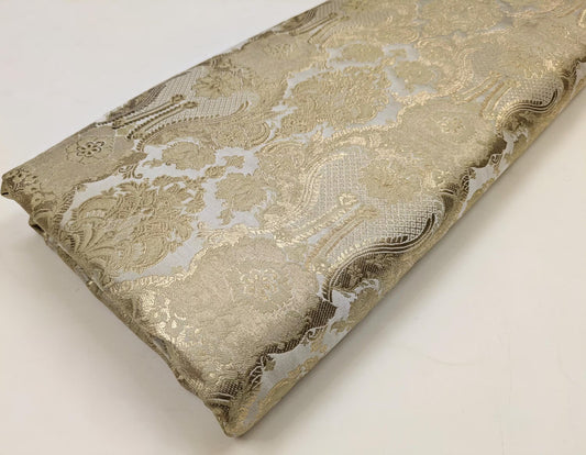 Indian Brocade fabric by the yard Off White and gold Jacquard fabric Wedding dress bridal fabric silk brocade fabric- NFAF562