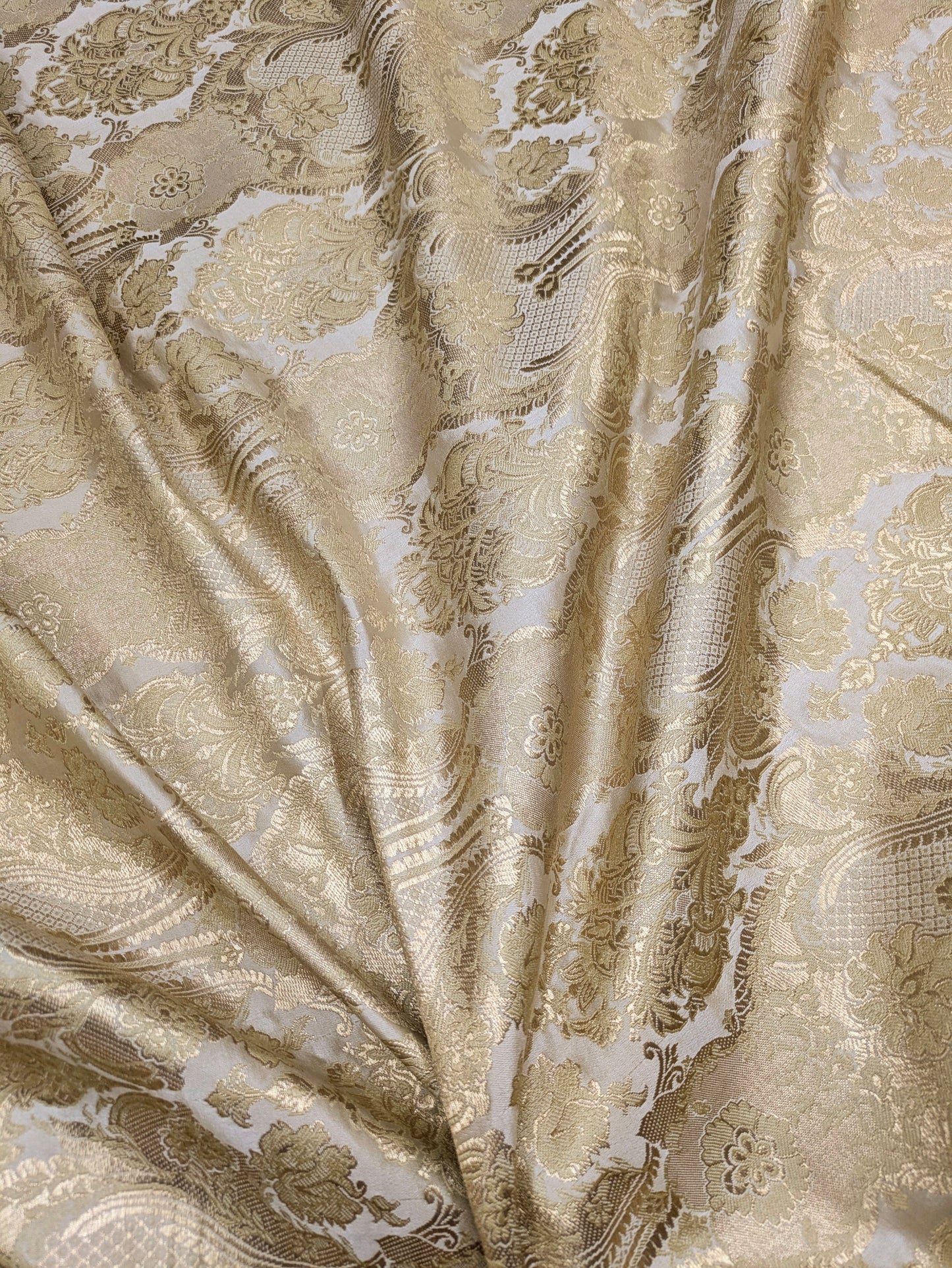 Indian Brocade fabric by the yard Off White and gold Jacquard fabric Wedding dress bridal fabric silk brocade fabric- NFAF562
