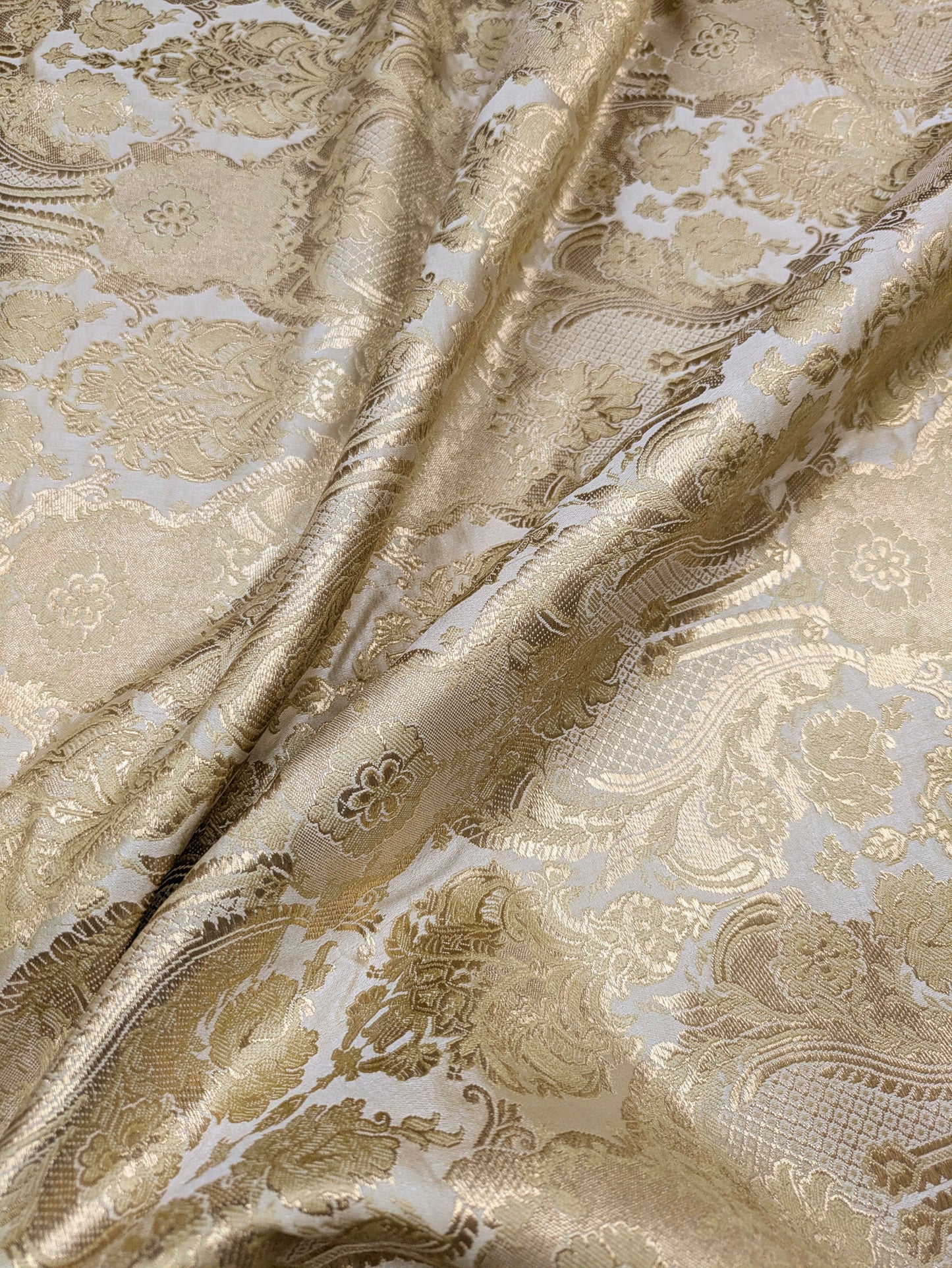 Indian Brocade fabric by the yard Off White and gold Jacquard fabric Wedding dress bridal fabric silk brocade fabric- NFAF562