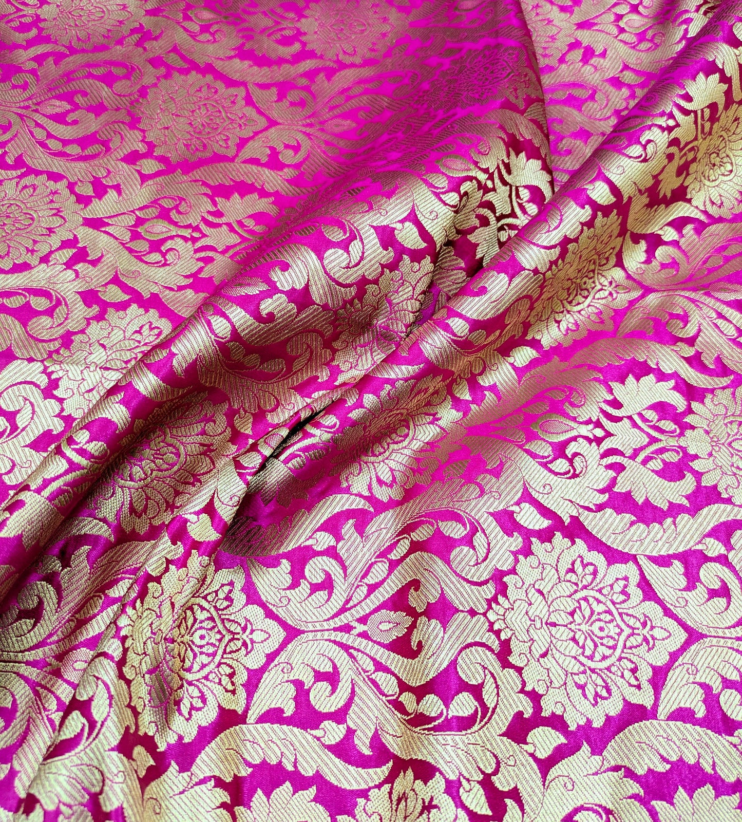 Banarsi brocade fabric, Hot pink gold Jacquard fabric, Floral brocade, Wedding inspiration, Historical fabric, Rayon silk brocade, fabric by the yard/meter - NFAF566