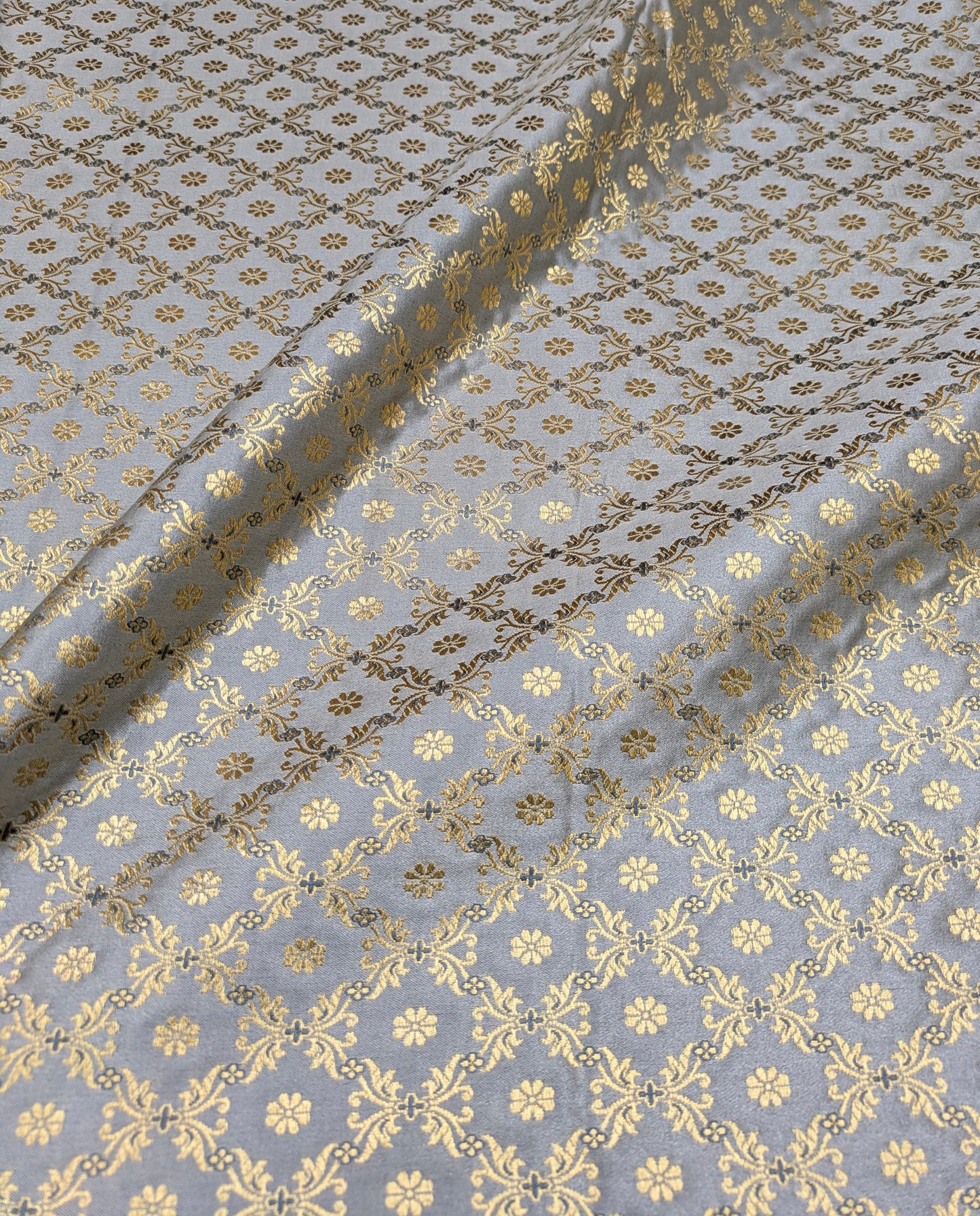 Brocade fabric Gray and gold brocade Jacquard Damask fabric Bridal Dress Fabric Theatre costume Indian Brocade Fabric by the yard - NFAF567