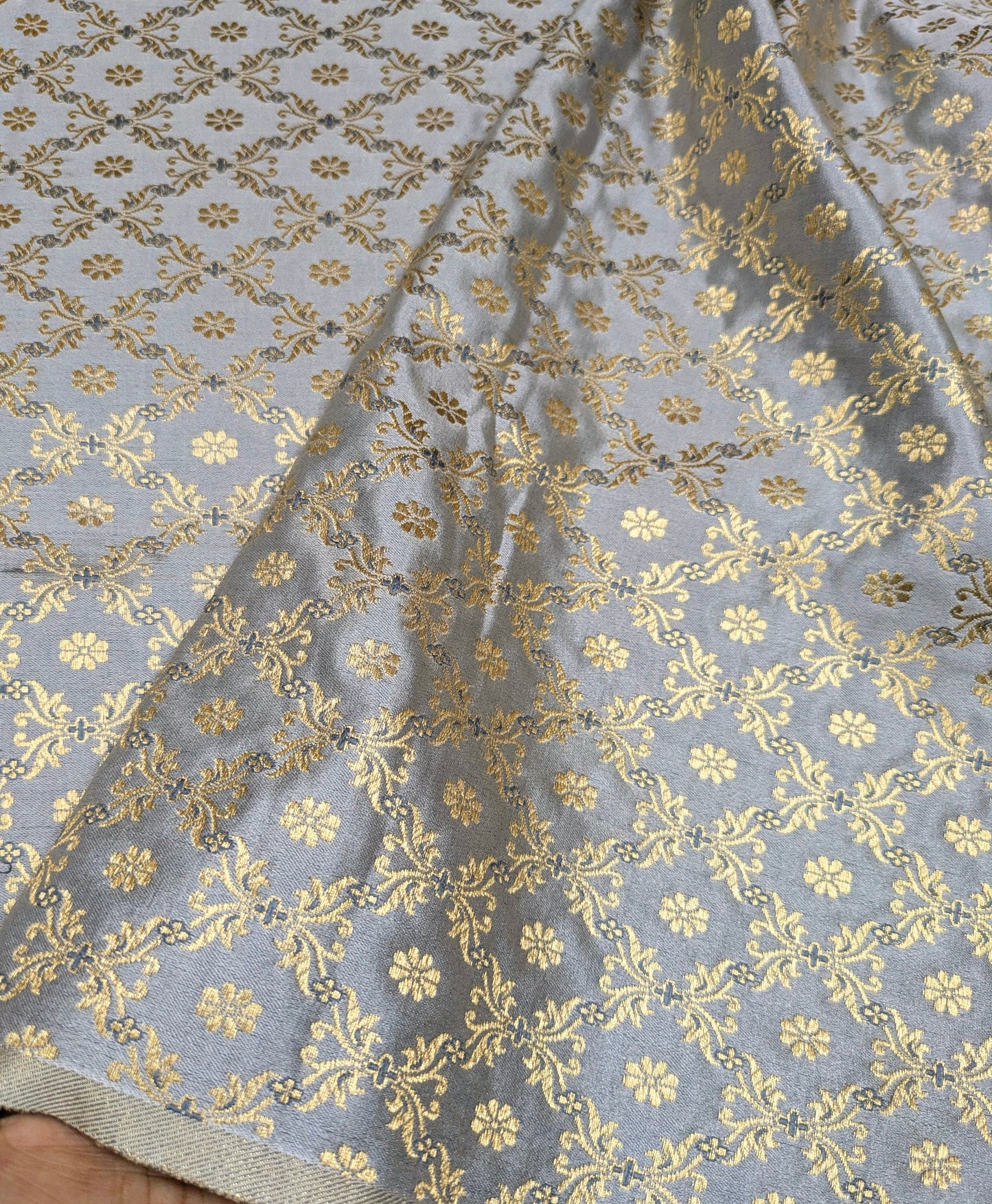 Brocade fabric Gray and gold brocade Jacquard Damask fabric Bridal Dress Fabric Theatre costume Indian Brocade Fabric by the yard - NFAF567