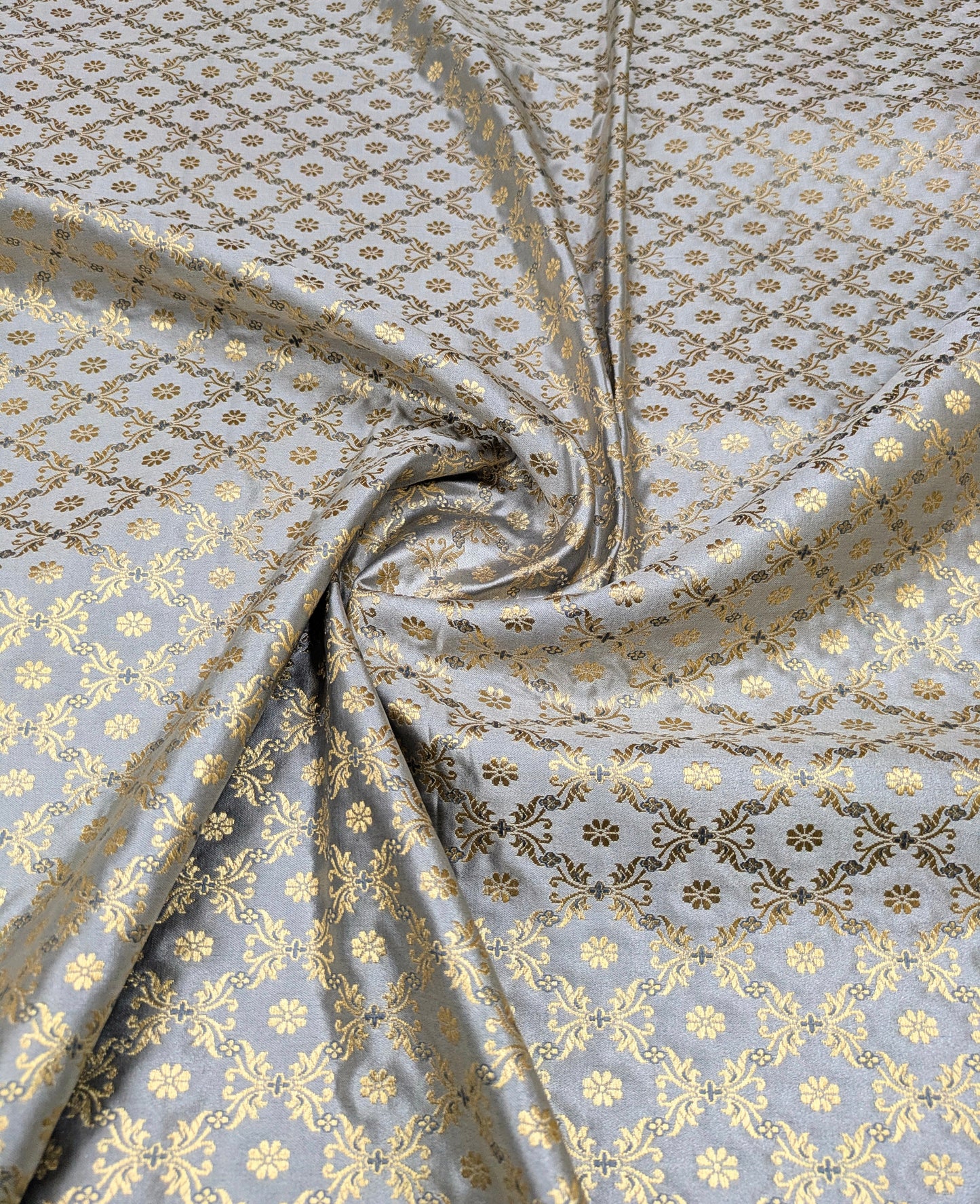 Brocade fabric Gray and gold brocade Jacquard Damask fabric Bridal Dress Fabric Theatre costume Indian Brocade Fabric by the yard - NFAF567