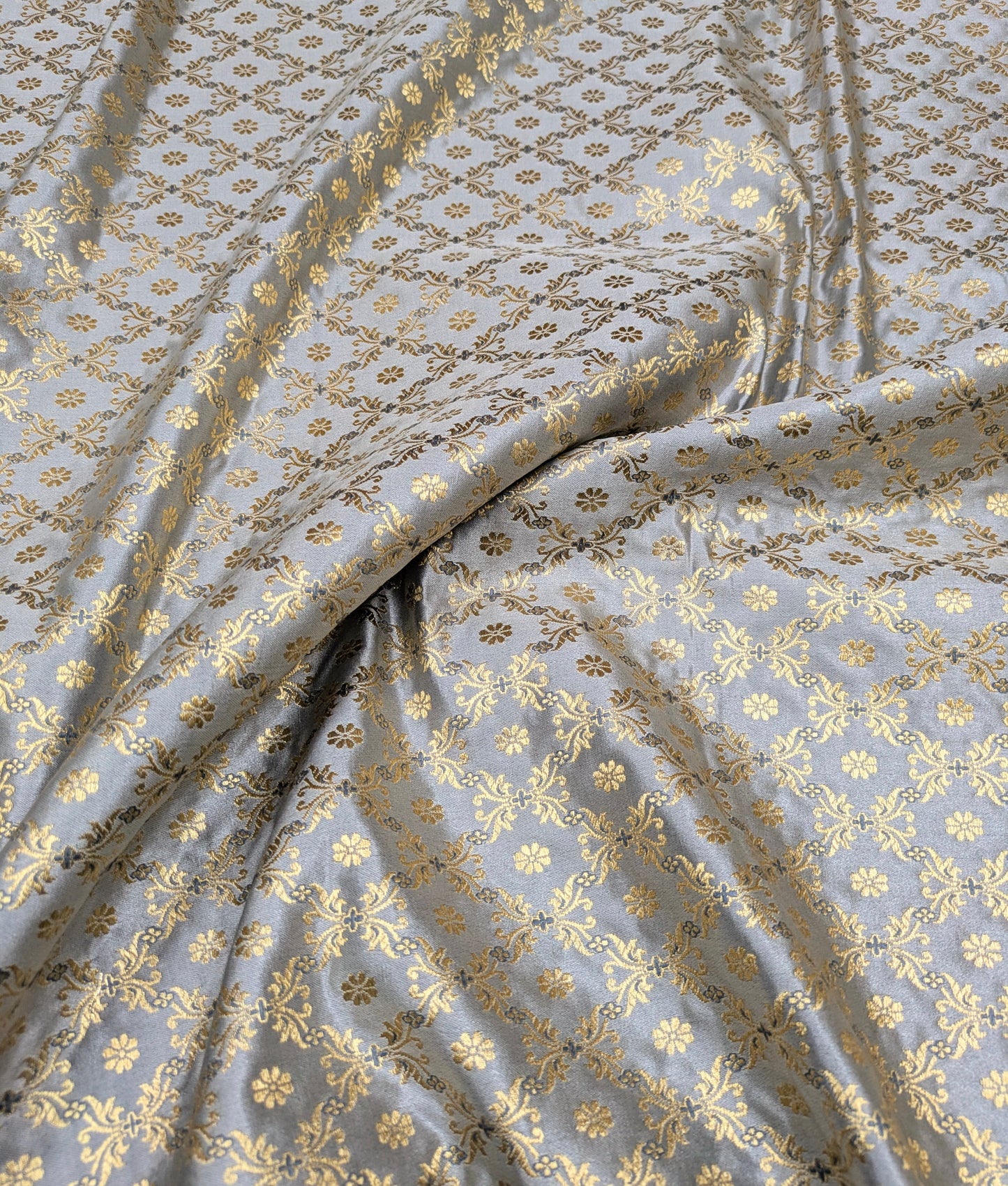 Brocade fabric Gray and gold brocade Jacquard Damask fabric Bridal Dress Fabric Theatre costume Indian Brocade Fabric by the yard - NFAF567