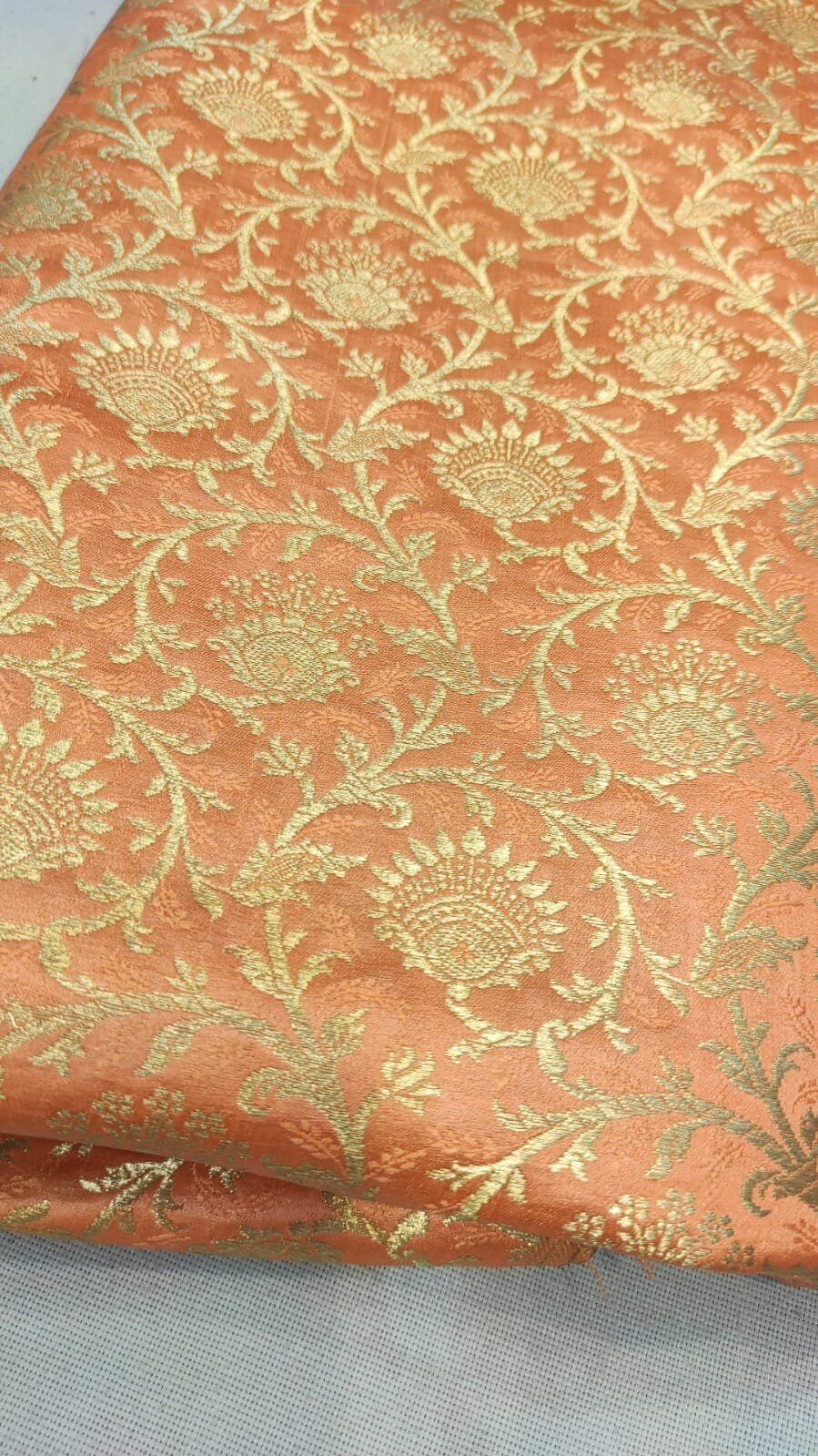 Indian Banarasi Brocade fabric in Coral and Gold Fabric, Multiple lengths will come in the continuous piece - NF615