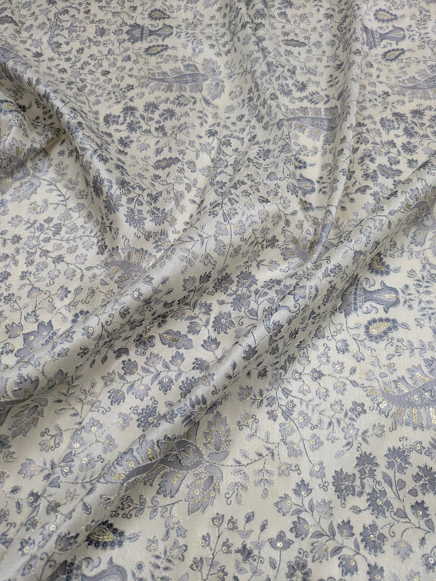 Gray off-White Embroidered fabric Silver Embroidery Printed Fabric Dupioni Silk Wedding Dress Fabric Gown Fabric by the yard - NFAF645