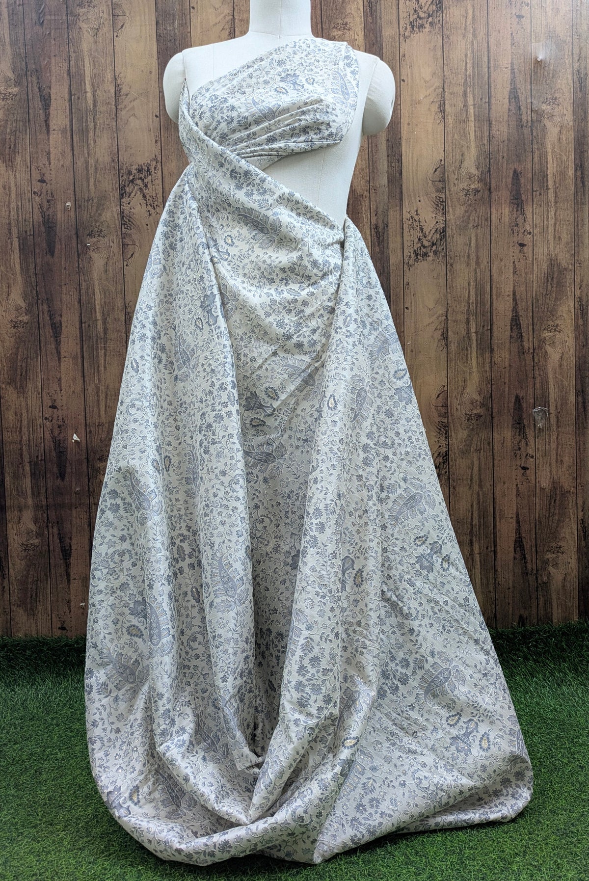 Gray off-White Embroidered fabric Silver Embroidery Printed Fabric Dupioni Silk Wedding Dress Fabric Gown Fabric by the yard - NFAF645