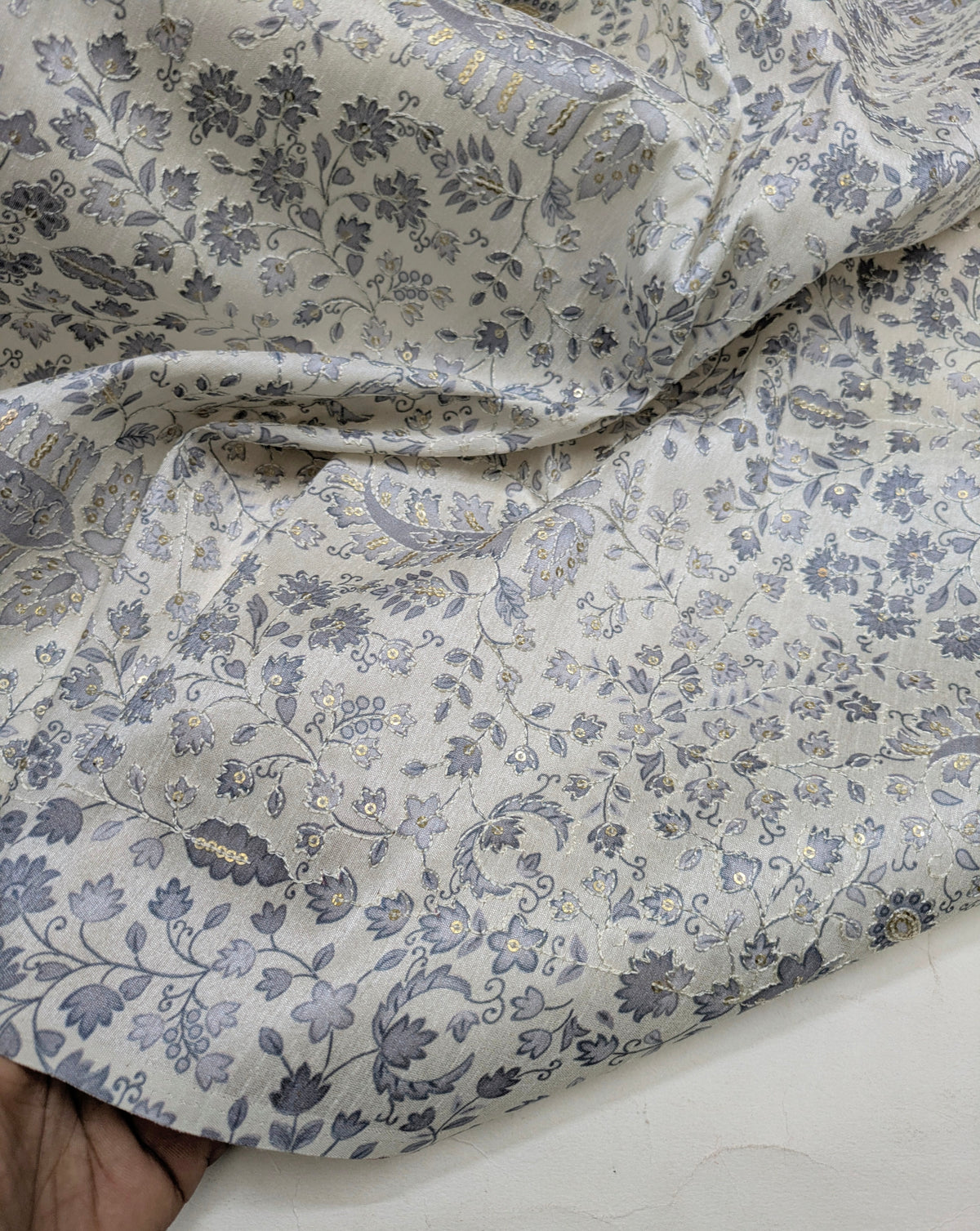 Gray off-White Embroidered fabric Silver Embroidery Printed Fabric Dupioni Silk Wedding Dress Fabric Gown Fabric by the yard - NFAF645