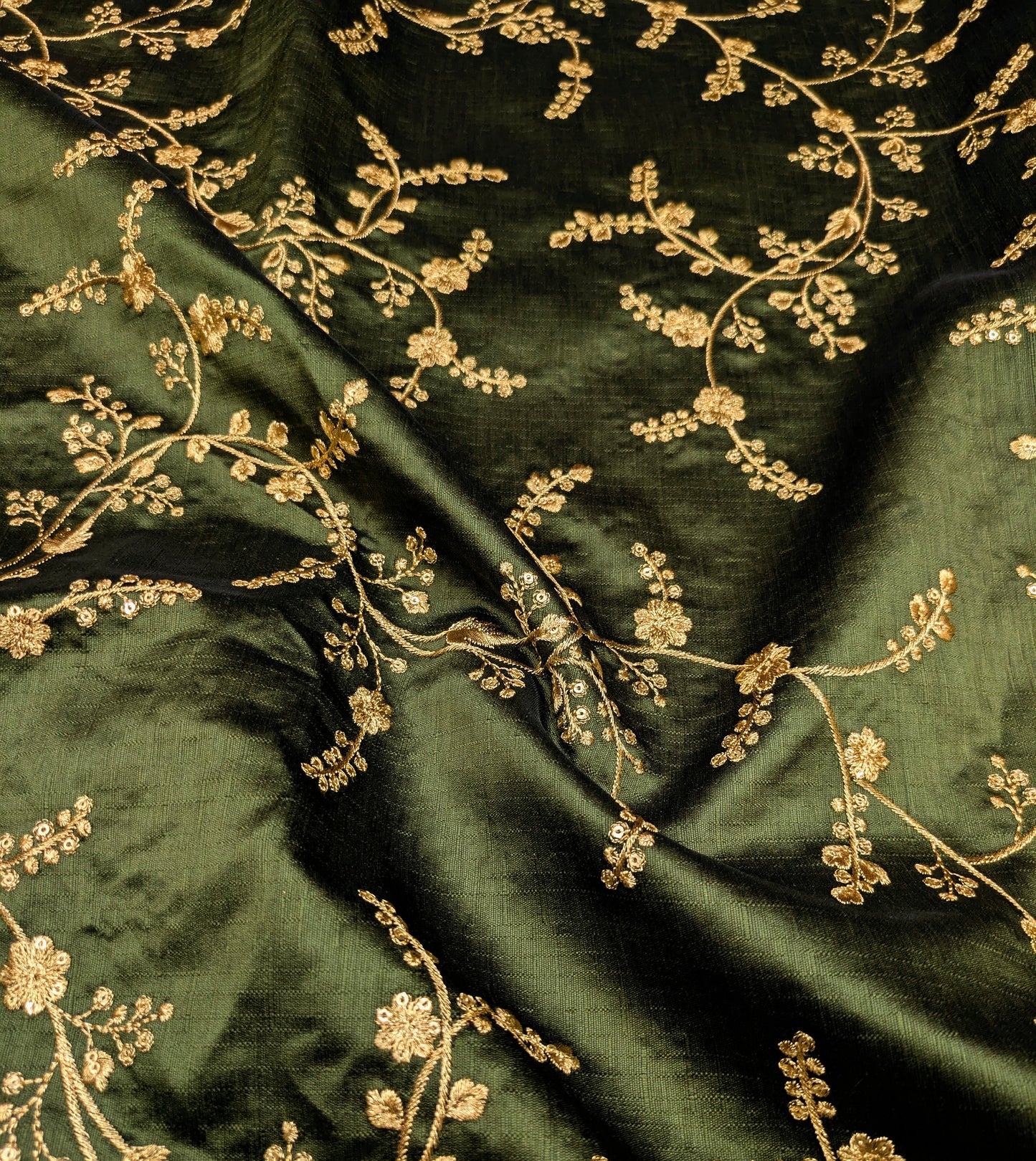 Green and gold embroidered fabric, Embroidery design, Royal fabric, Indian fabric, Gold fabric, Luxury fabric, Fabric by the yard/meter - NFAF685