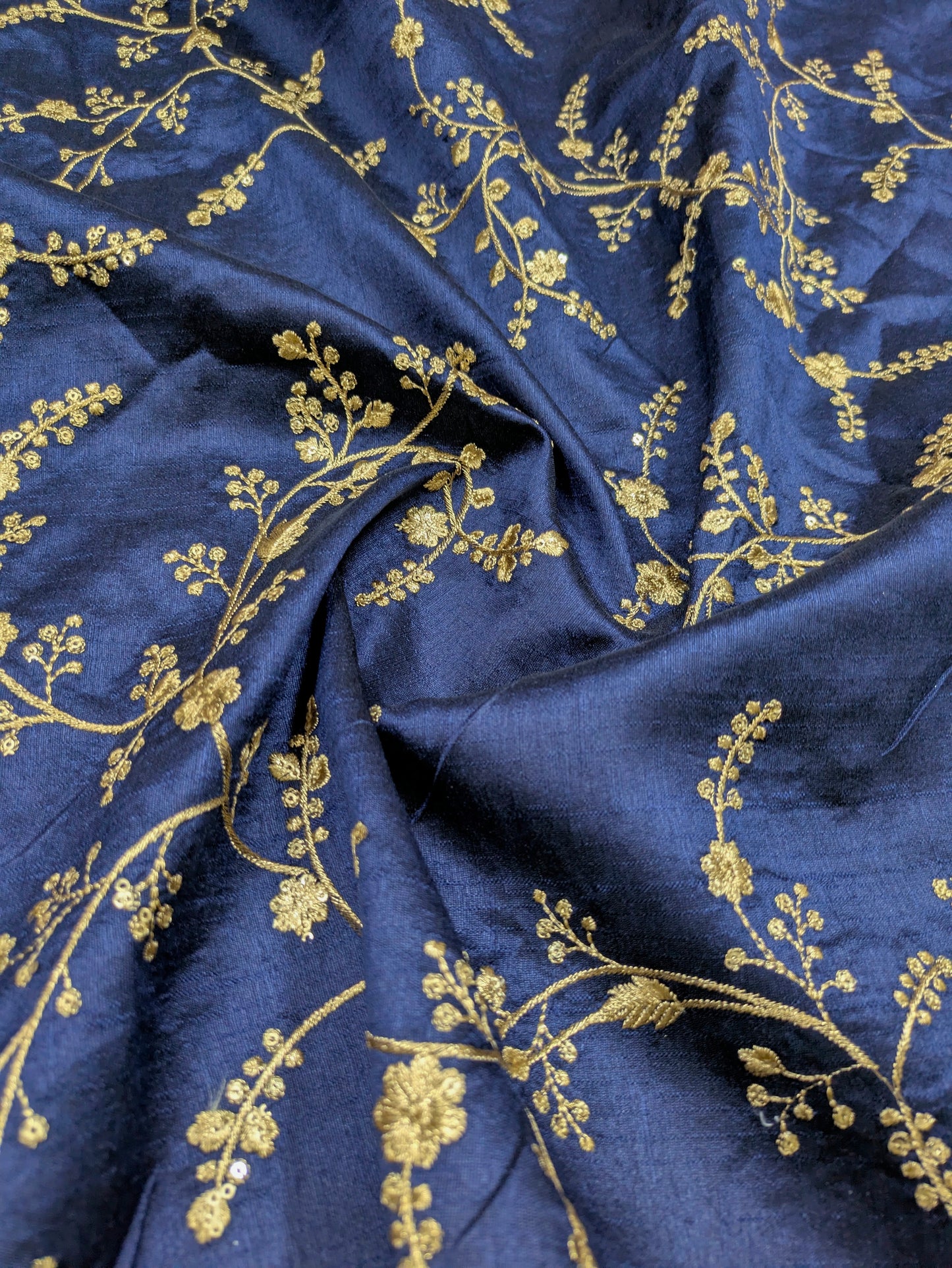 Blue & gold embroidered fabric, Haute couture, Couture fashion, Victorian fabric, Gold flower, Handmade, Embroidery art - NFAF695