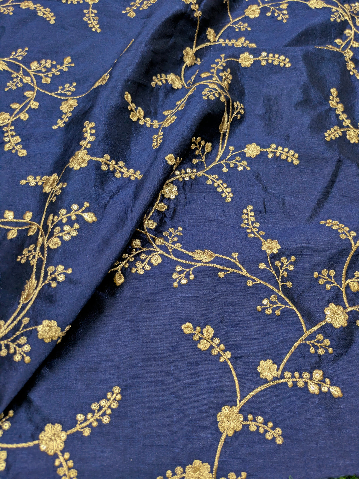 Blue & gold embroidered fabric, Haute couture, Couture fashion, Victorian fabric, Gold flower, Handmade, Embroidery art - NFAF695