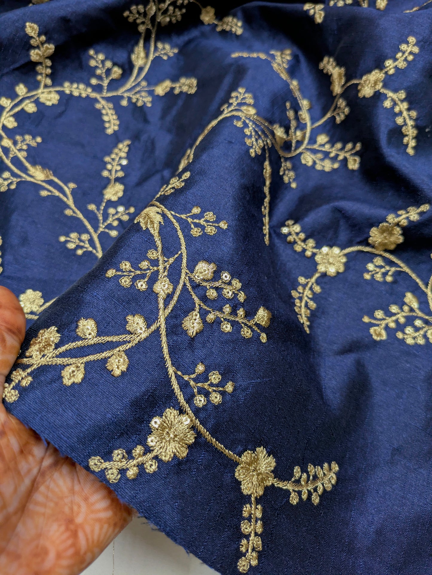Blue & gold embroidered fabric, Haute couture, Couture fashion, Victorian fabric, Gold flower, Handmade, Embroidery art - NFAF695