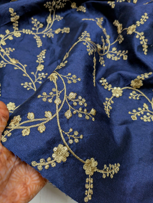 Blue & gold embroidered fabric, Haute couture, Couture fashion, Victorian fabric, Gold flower, Handmade, Embroidery art - NFAF695