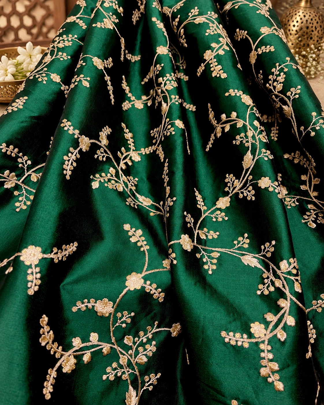 Embroidered fabric Green Gold embroidery Luxury Designer fabric Wedding Lehenga dress fabric Floral embroidery fabric by the Meter- NFAF696