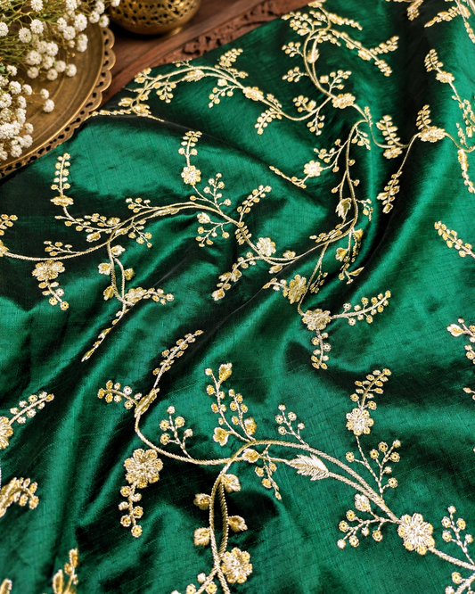 Embroidered fabric Green Gold embroidery Luxury Designer fabric Wedding Lehenga dress fabric Floral embroidery fabric by the Meter- NFAF696