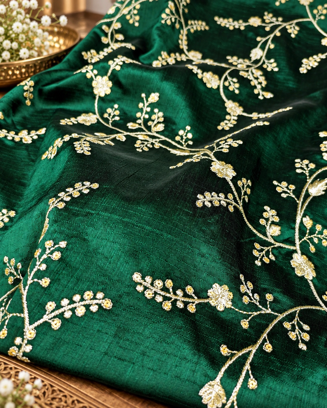 Embroidered fabric Green Gold embroidery Luxury Designer fabric Wedding Lehenga dress fabric Floral embroidery fabric by the Meter- NFAF696