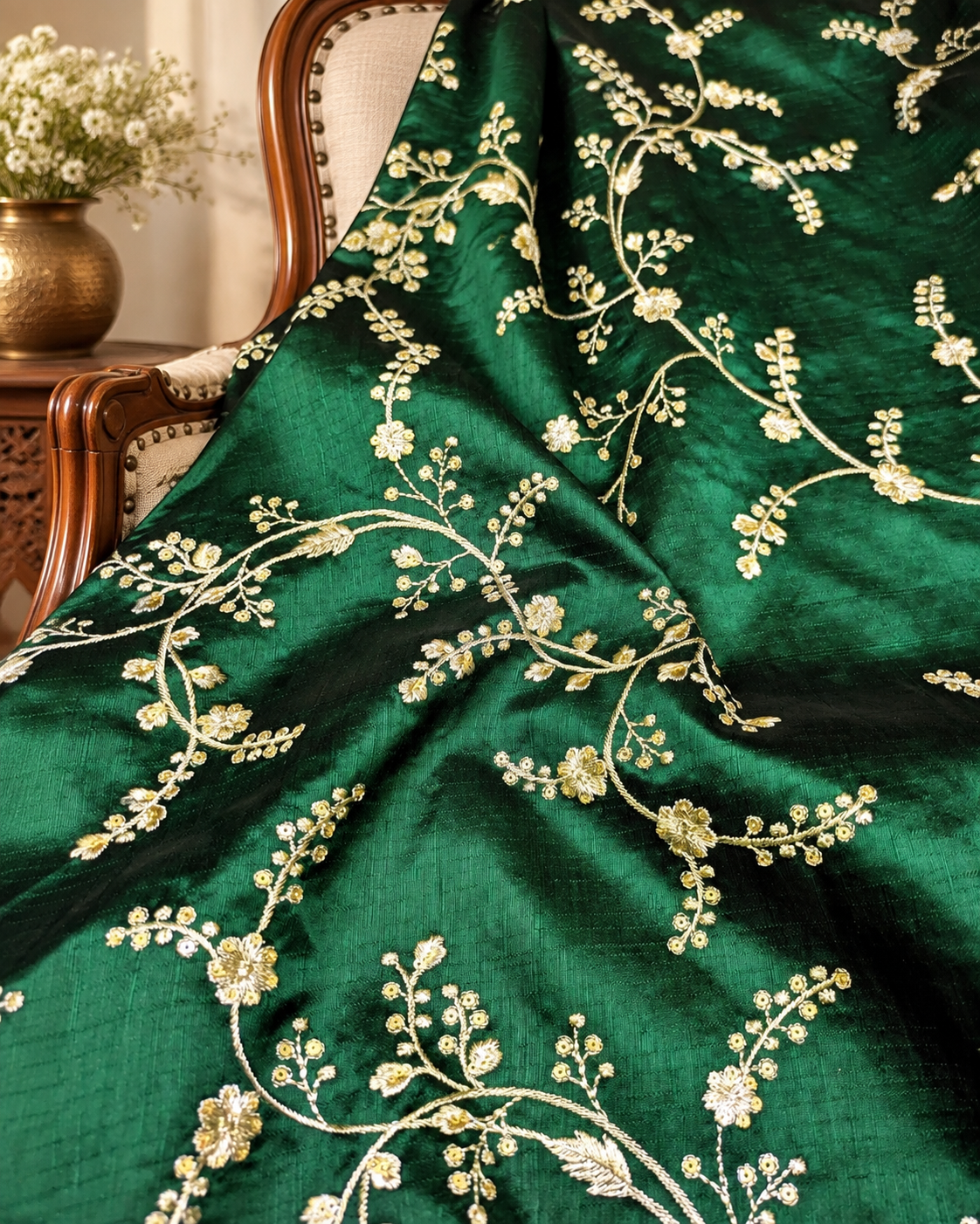 Embroidered fabric Green Gold embroidery Luxury Designer fabric Wedding Lehenga dress fabric Floral embroidery fabric by the Meter- NFAF696
