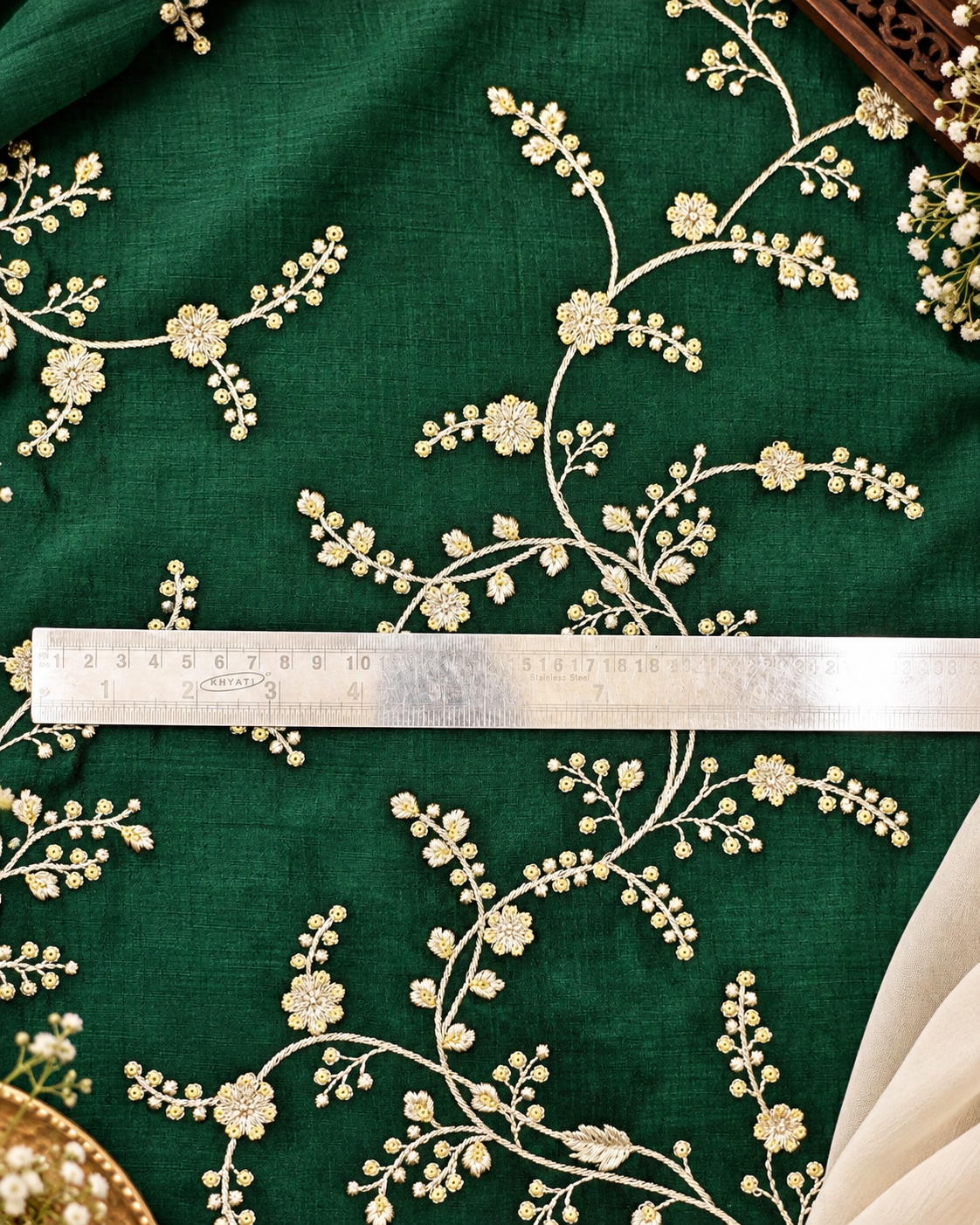 Embroidered fabric Green Gold embroidery Luxury Designer fabric Wedding Lehenga dress fabric Floral embroidery fabric by the Meter- NFAF696