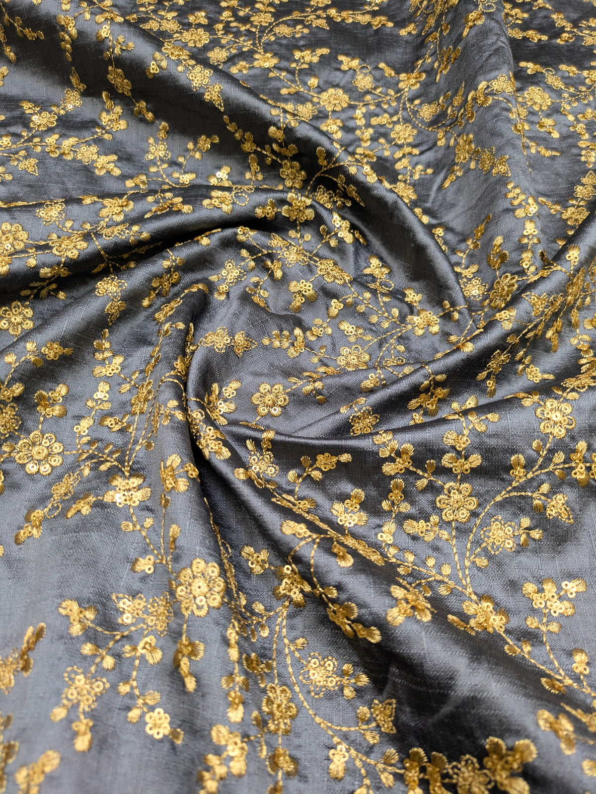 Embroidered fabric, Grey and gold wedding dress fabric, Thread embroidery, Indian fabric, Bridesmaid dress, Luxury fabric, Gold fabric - NFAF700