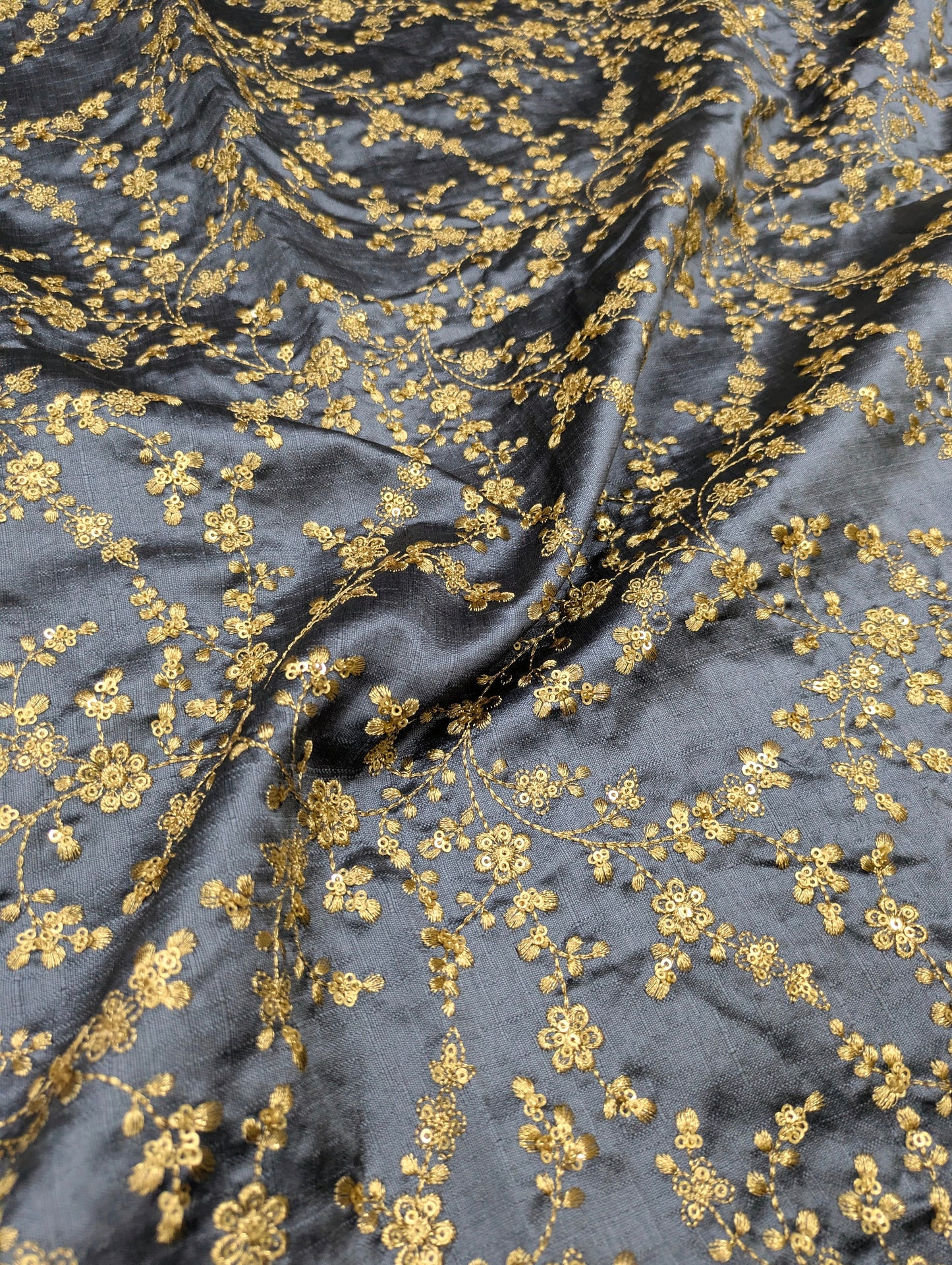 Embroidered fabric, Grey and gold wedding dress fabric, Thread embroidery, Indian fabric, Bridesmaid dress, Luxury fabric, Gold fabric - NFAF700
